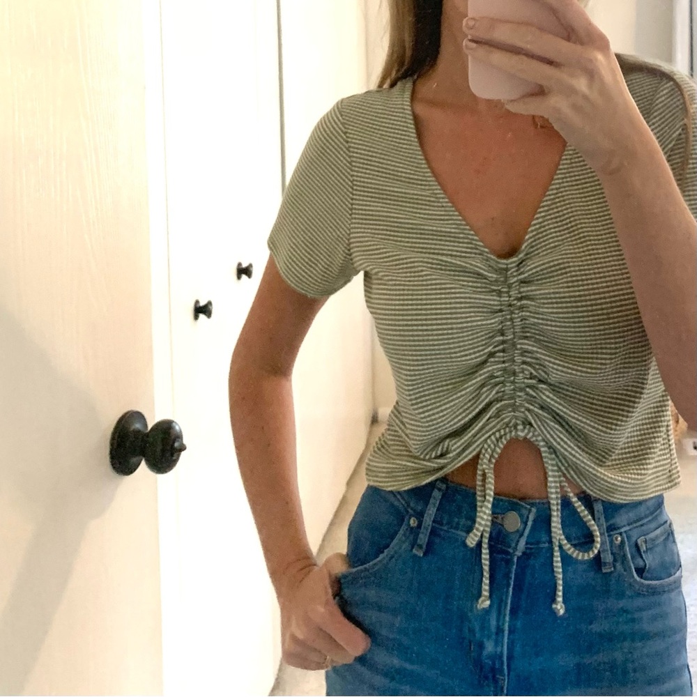 Cinched green striped top